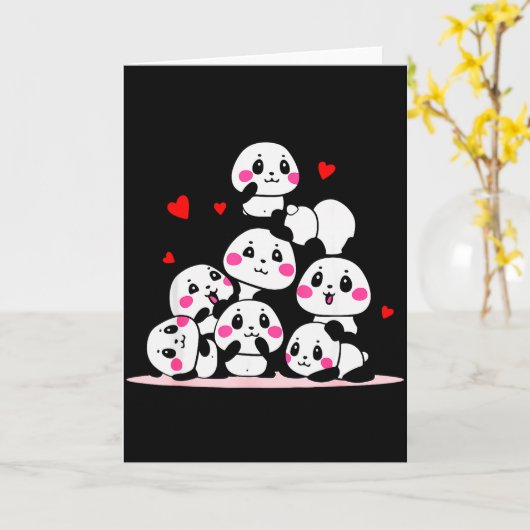Kawaii Cute Baby Panda Pile With Red Hearts Valent カード (黄色い花)