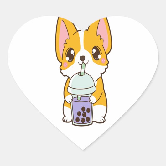 Kawaii Cute Boba Corgi Dog Taro Bubble Pearl Milk ハートシール (正面)