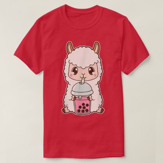Kawaii Cute Boba Llama Alpaca Strawberry Bubble Mi Tシャツ (デザイン正面)