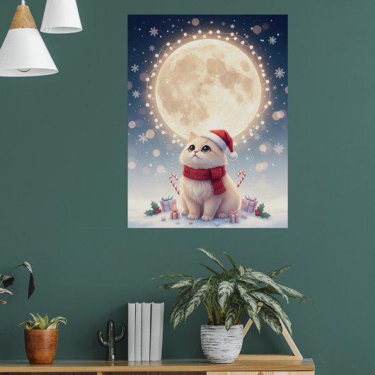 Kawaii Cute Cat Christmas With Moon Poster ポスター (リビング1)