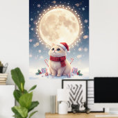 Kawaii Cute Cat Christmas With Moon Poster ポスター (ホームオフィス)
