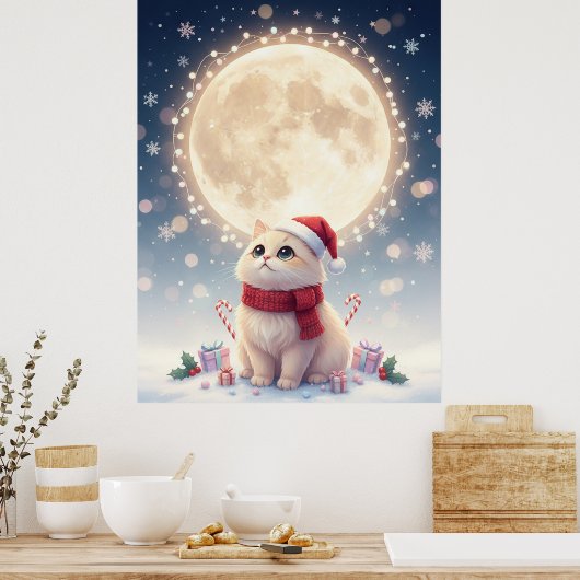 Kawaii Cute Cat Christmas With Moon Poster ポスター (キッチン)