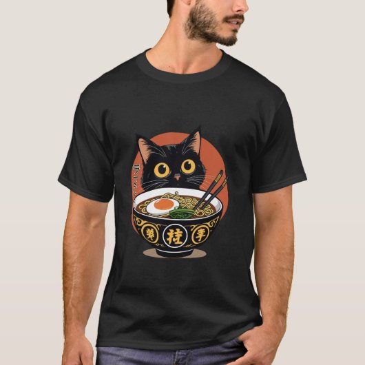 Kawaii Cute Cat Ramen Noodles Japanese Anime Sunse Tシャツ (正面)