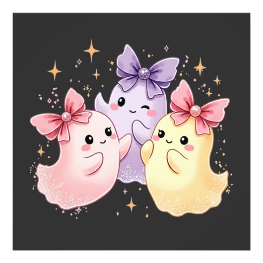 Kawaii Cute Pastel Ghosts with Bows フォトプリント (正面)