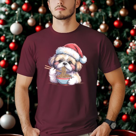 Kawaii Cute Santa Shih Tzu Eating Ramen Tシャツ