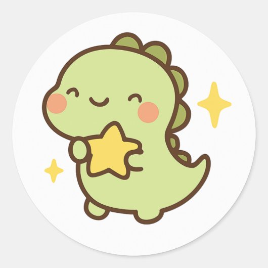 Kawaii Dinosaur Holding Star Sticker ラウンドシール (正面)