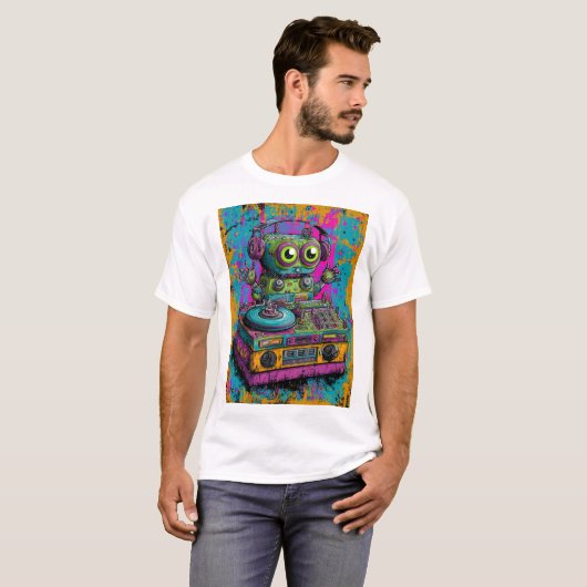 Kawaii DJ Robot — Neon Splatter Turntable Art Tシャツ (正面フル)