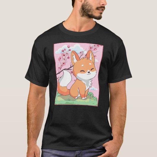 Kawaii Fox Japanese Kitsune Sakura Cherry Blossom Tシャツ (正面)