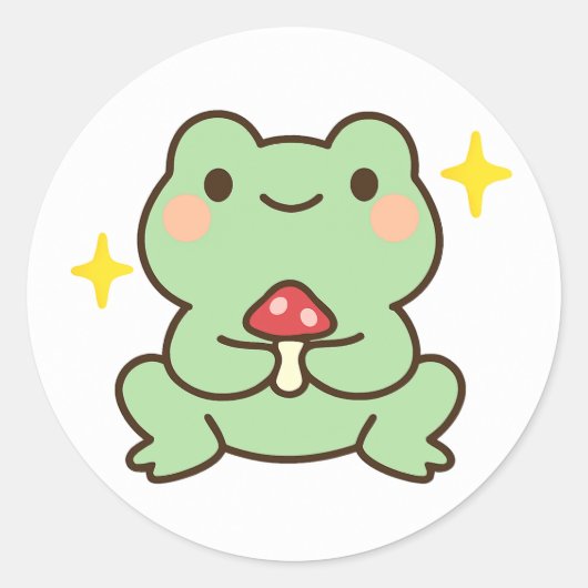 Kawaii Frog Holding Mushroom Sticker ラウンドシール (正面)