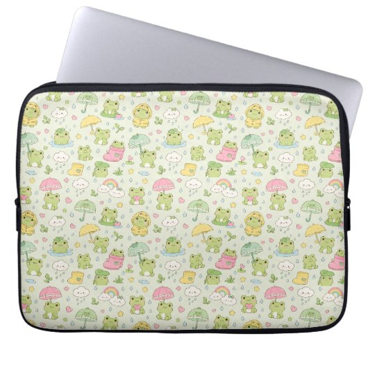 Kawaii Frog Rainy Day Pattern Wrapping ラップトップスリーブ (正面)