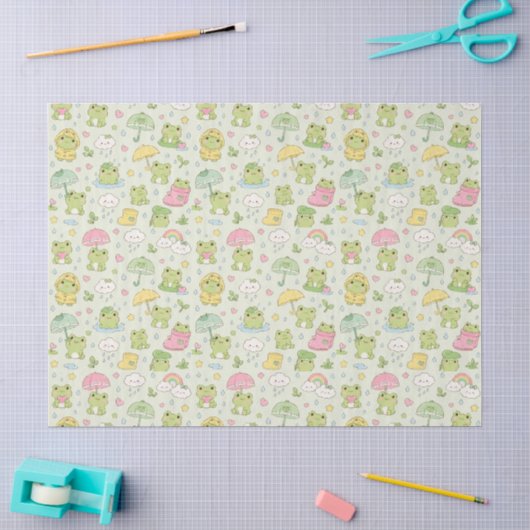 Kawaii Frog Rainy Day Pattern Wrapping Paper 薄葉紙 (クラフト)