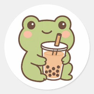 Kawaii Frog With Bubble Tea Sticker ラウンドシール
