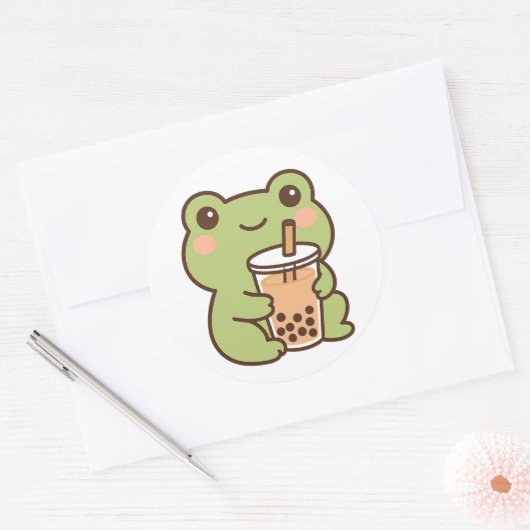 Kawaii Frog With Bubble Tea Sticker ラウンドシール (封筒)