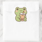 Kawaii Frog With Bubble Tea Sticker ラウンドシール (バッグ)