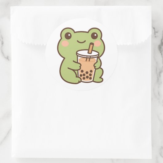 Kawaii Frog With Bubble Tea Sticker ラウンドシール (バッグ)