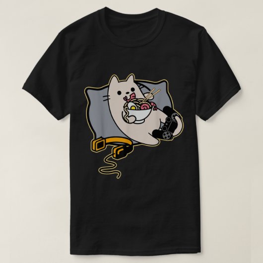 Kawaii Gamer Cat Eating Ramen Tシャツ (デザイン正面)