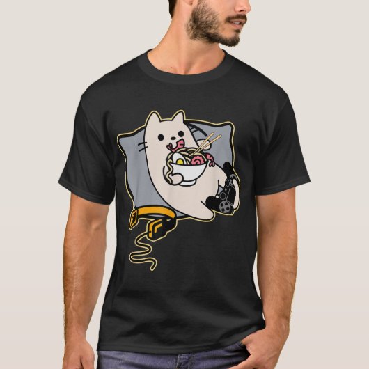 Kawaii Gamer Cat Eating Ramen Tシャツ (正面)