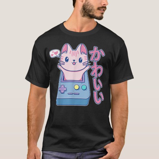 Kawaii Gamer Cat Japanese Kitten Pink Pastel Chibi Tシャツ (正面)