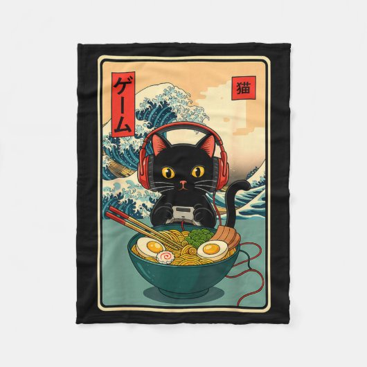 Kawaii Gamer Cat Ramen Retro Japanese Funny Cat Ga フリースブランケット (正面)