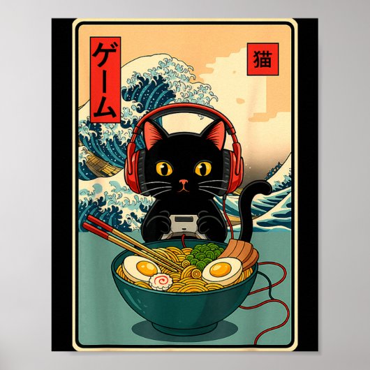 Kawaii Gamer Cat Ramen Retro Japanese Funny Cat Ga ポスター (正面)