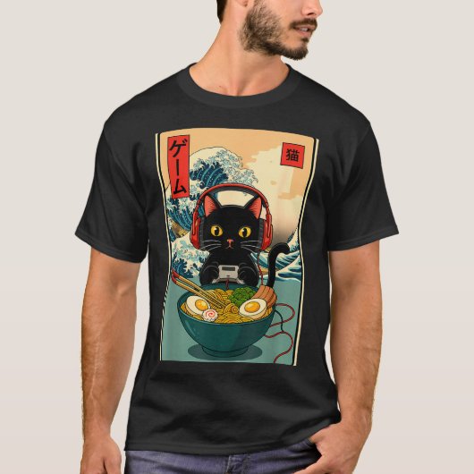 Kawaii Gamer Cat Ramen Retro Japanese Funny Cat Ga Tシャツ (正面)
