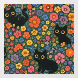 Kawaii Garden Art | Cute Black Cat Floral Pattern ウィンドウサイン