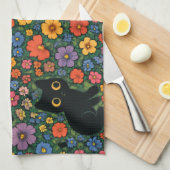 Kawaii Garden Art | Cute Black Cat Floral Pattern キッチンタオル (四つ折り)