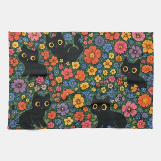 Kawaii Garden Art | Cute Black Cat Floral Pattern キッチンタオル (横)