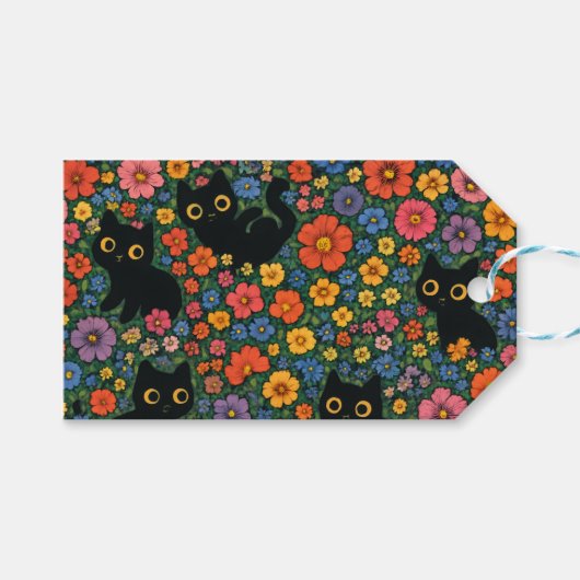 Kawaii Garden Art | Cute Black Cat Floral Pattern ギフトタグ (正面(横))