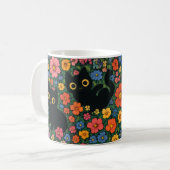 Kawaii Garden Art | Cute Black Cat Floral Pattern コーヒーマグカップ (正面左)