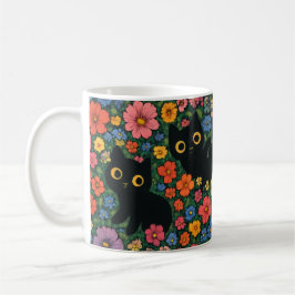 Kawaii Garden Art | Cute Black Cat Floral Pattern コーヒーマグカップ
