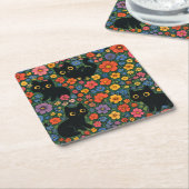 Kawaii Garden Art | Cute Black Cat Floral Pattern スクエアペーパーコースター (アングル)