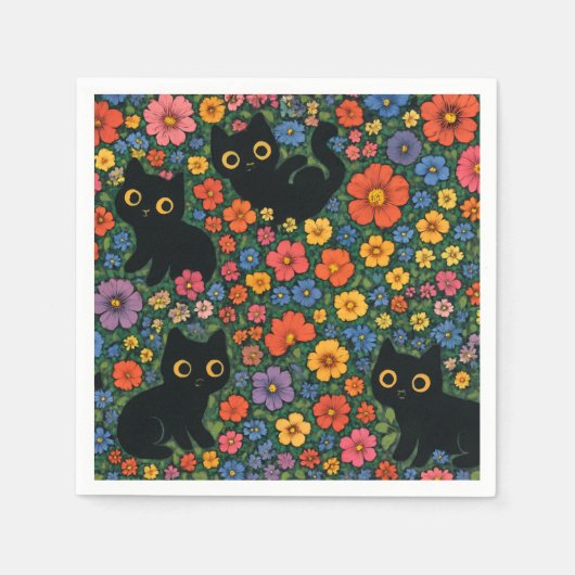 Kawaii Garden Art | Cute Black Cat Floral Pattern スタンダードカクテルナプキン (正面)