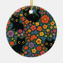 Kawaii Garden Art | Cute Black Cat Floral Pattern セラミックオーナメント