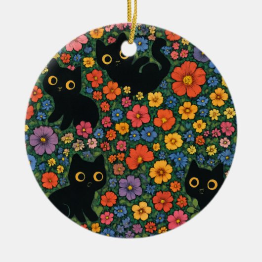 Kawaii Garden Art | Cute Black Cat Floral Pattern セラミックオーナメント (正面)