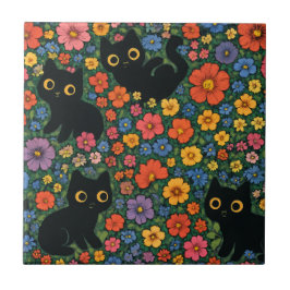 Kawaii Garden Art | Cute Black Cat Floral Pattern タイル