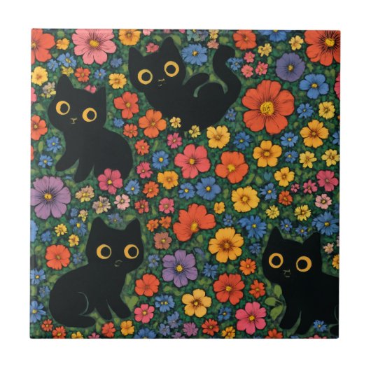 Kawaii Garden Art | Cute Black Cat Floral Pattern タイル (正面)