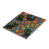 Kawaii Garden Art | Cute Black Cat Floral Pattern タイル (側面)