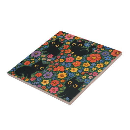 Kawaii Garden Art | Cute Black Cat Floral Pattern タイル (側面)