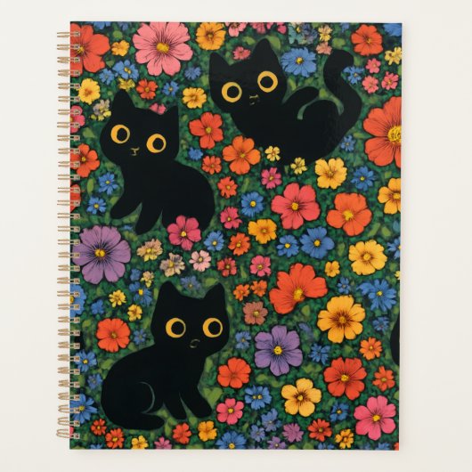 Kawaii Garden Art | Cute Black Cat Floral Pattern プランナー手帳 (正面)
