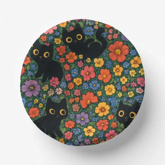 Kawaii Garden Art – Cute Black Cat Floral Pattern ペーパーボウル (正面)