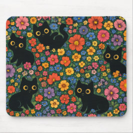 Kawaii Garden Art – Cute Black Cat Floral Pattern マウスパッド