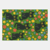 Kawaii Garden Art – Cute Black Cat Floral Pattern ラッピングペーパーシート (正面3)