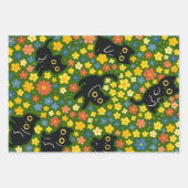 Kawaii Garden Art – Cute Black Cat Floral Pattern ラッピングペーパーシート (正面2)