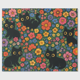 Kawaii Garden Art – Cute Black Cat Floral Pattern ラッピングペーパー