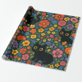 Kawaii Garden Art – Cute Black Cat Floral Pattern ラッピングペーパー (アンロールド)
