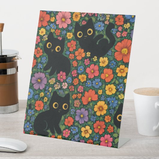 Kawaii Garden Art – Cute Black Cat Floral Pattern 台座サイン (インサイチュ)