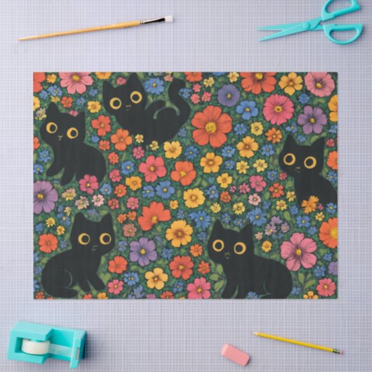 Kawaii Garden Art – Cute Black Cat Floral Pattern 薄葉紙 (クラフト)