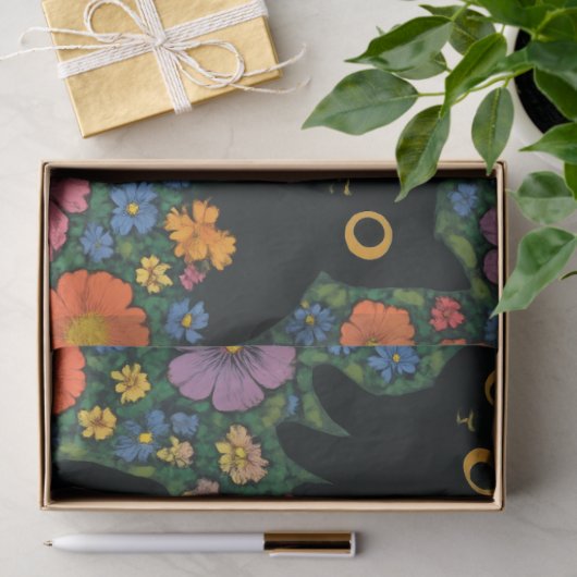 Kawaii Garden Art – Cute Black Cat Floral Pattern 薄葉紙 (ギフト)