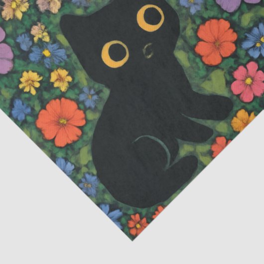 Kawaii Garden Art – Cute Black Cat Floral Pattern 薄葉紙 (詳細)